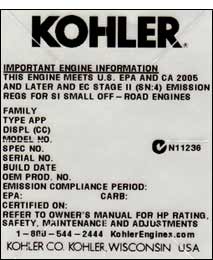 Kohler engine identification label