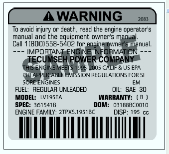 Tecumseh engine identification label example
